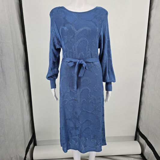 Vintage 1980s Schrader Knit Petites Blue Belted Long Sleeve Sweater Dress (M)