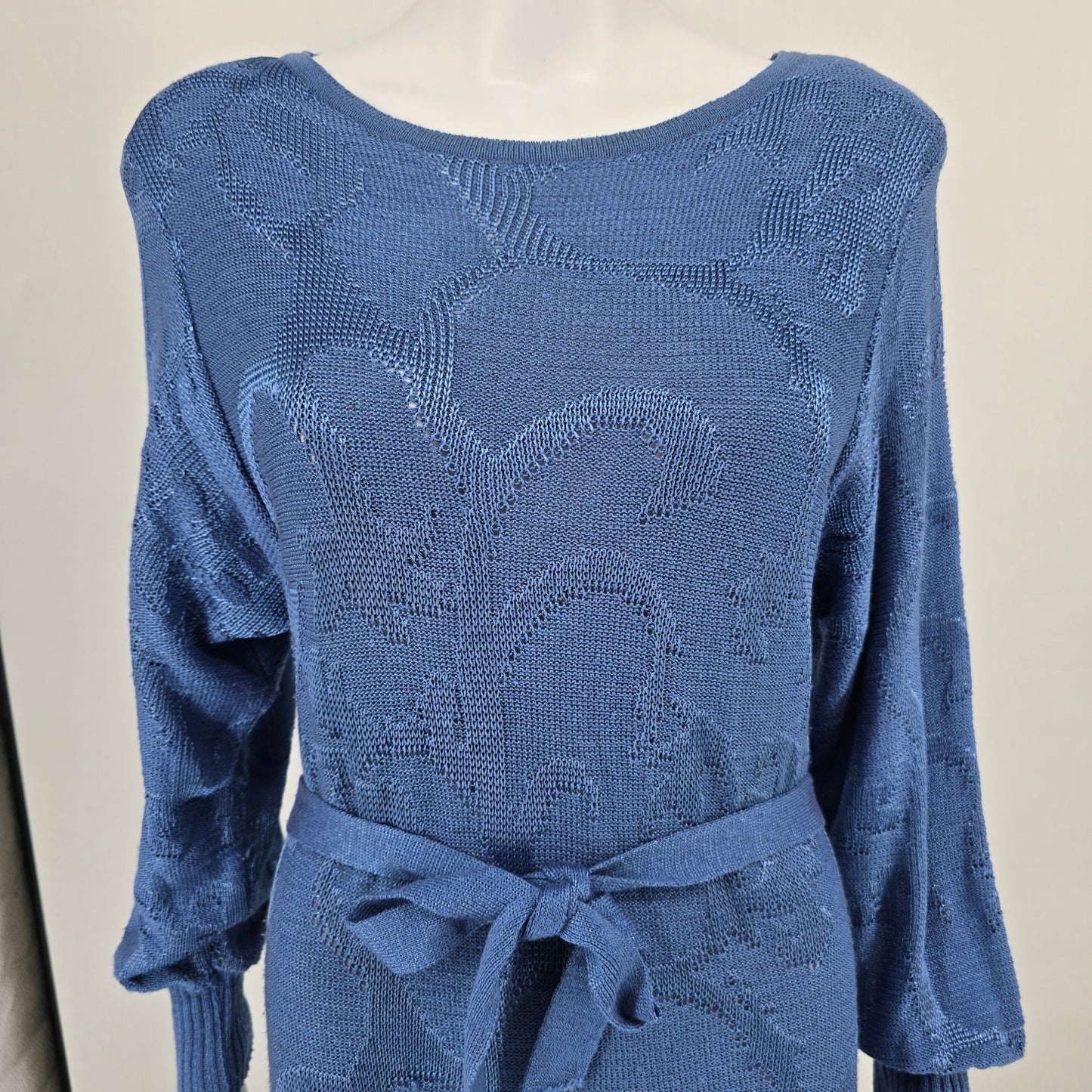 Vintage 1980s Schrader Knit Petites Blue Belted Long Sleeve Sweater Dress (M)