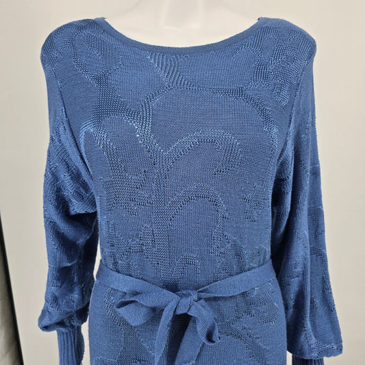 Vintage 1980s Schrader Knit Petites Blue Belted Long Sleeve Sweater Dress (M)
