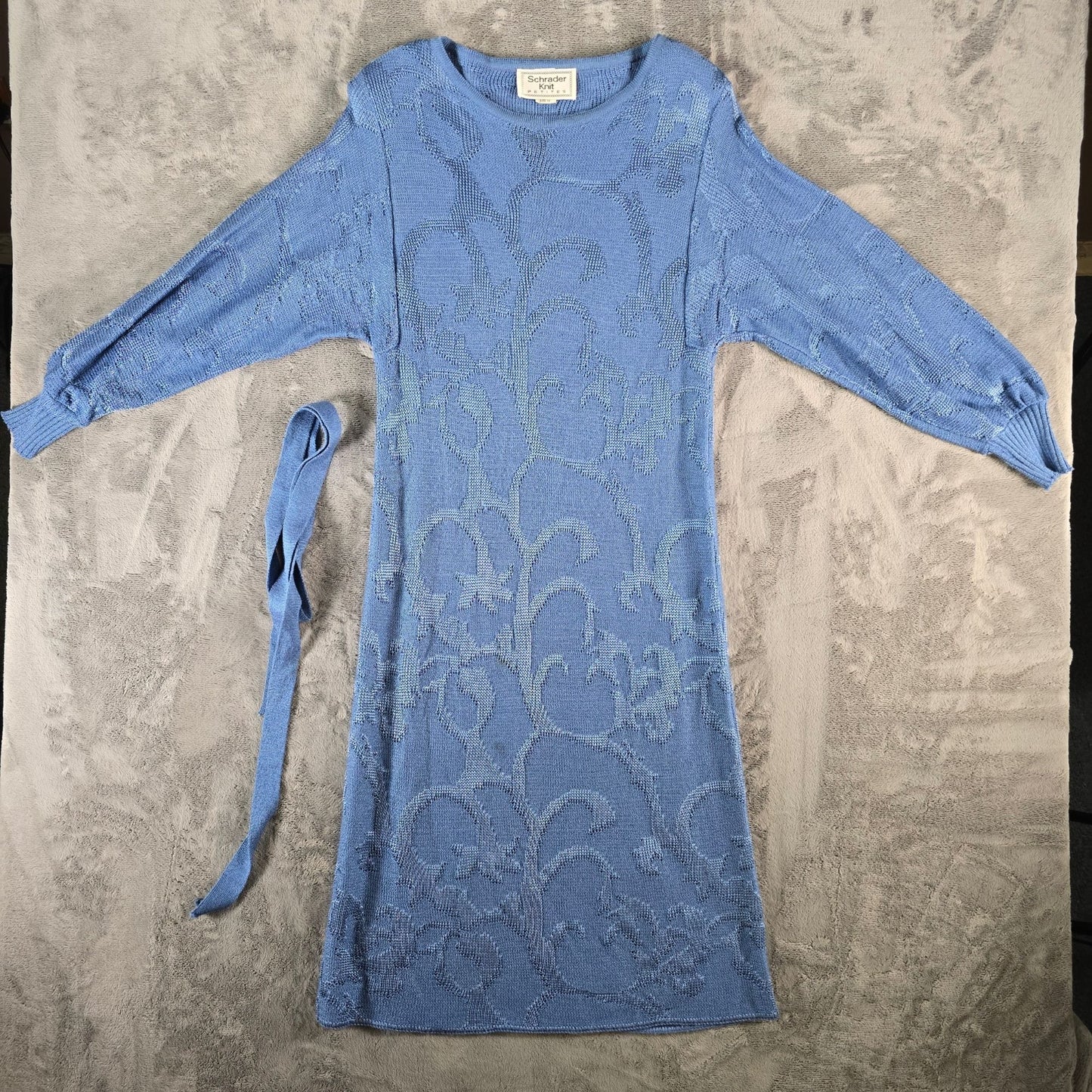 Vintage 1980s Schrader Knit Petites Blue Belted Long Sleeve Sweater Dress (M)