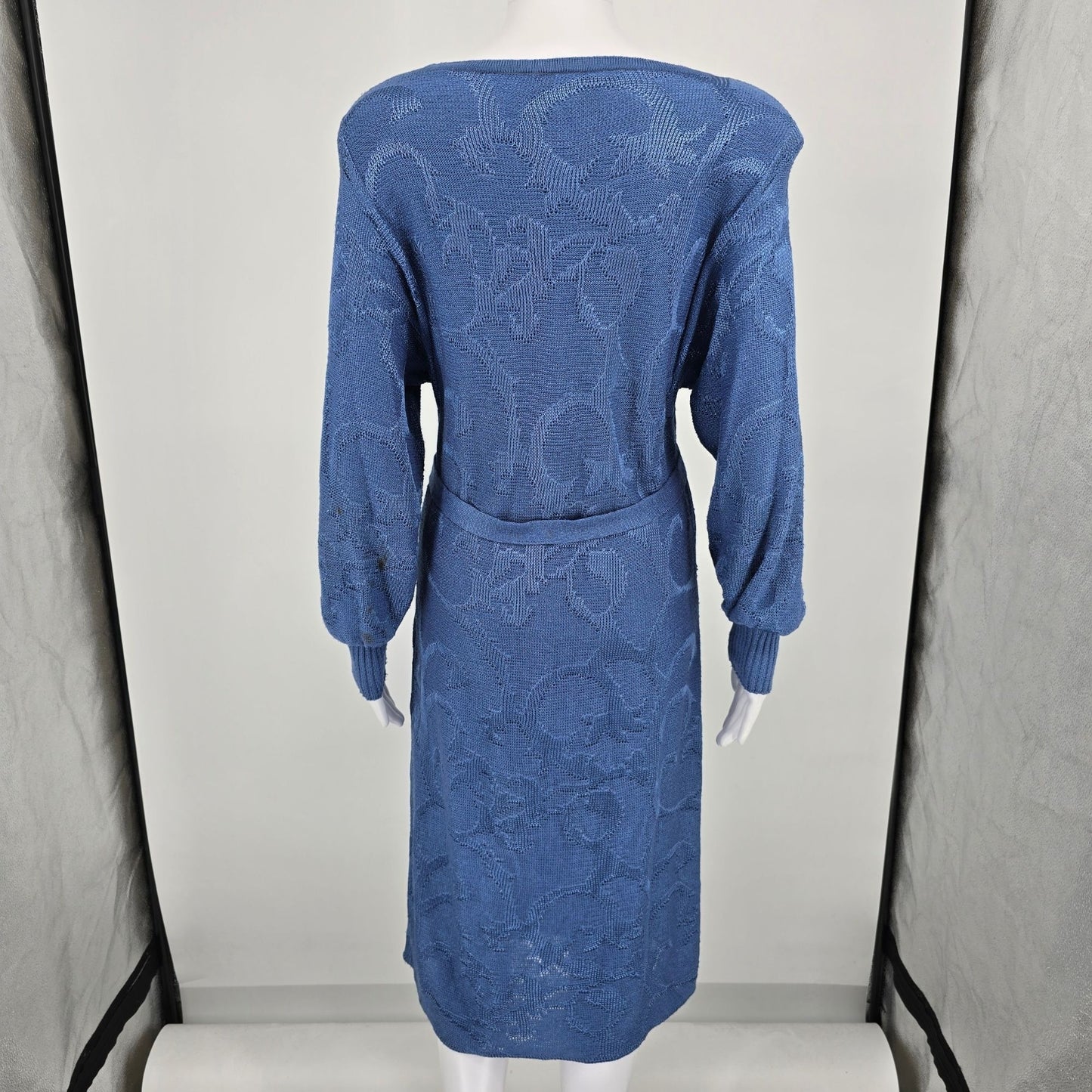 Vintage 1980s Schrader Knit Petites Blue Belted Long Sleeve Sweater Dress (M)