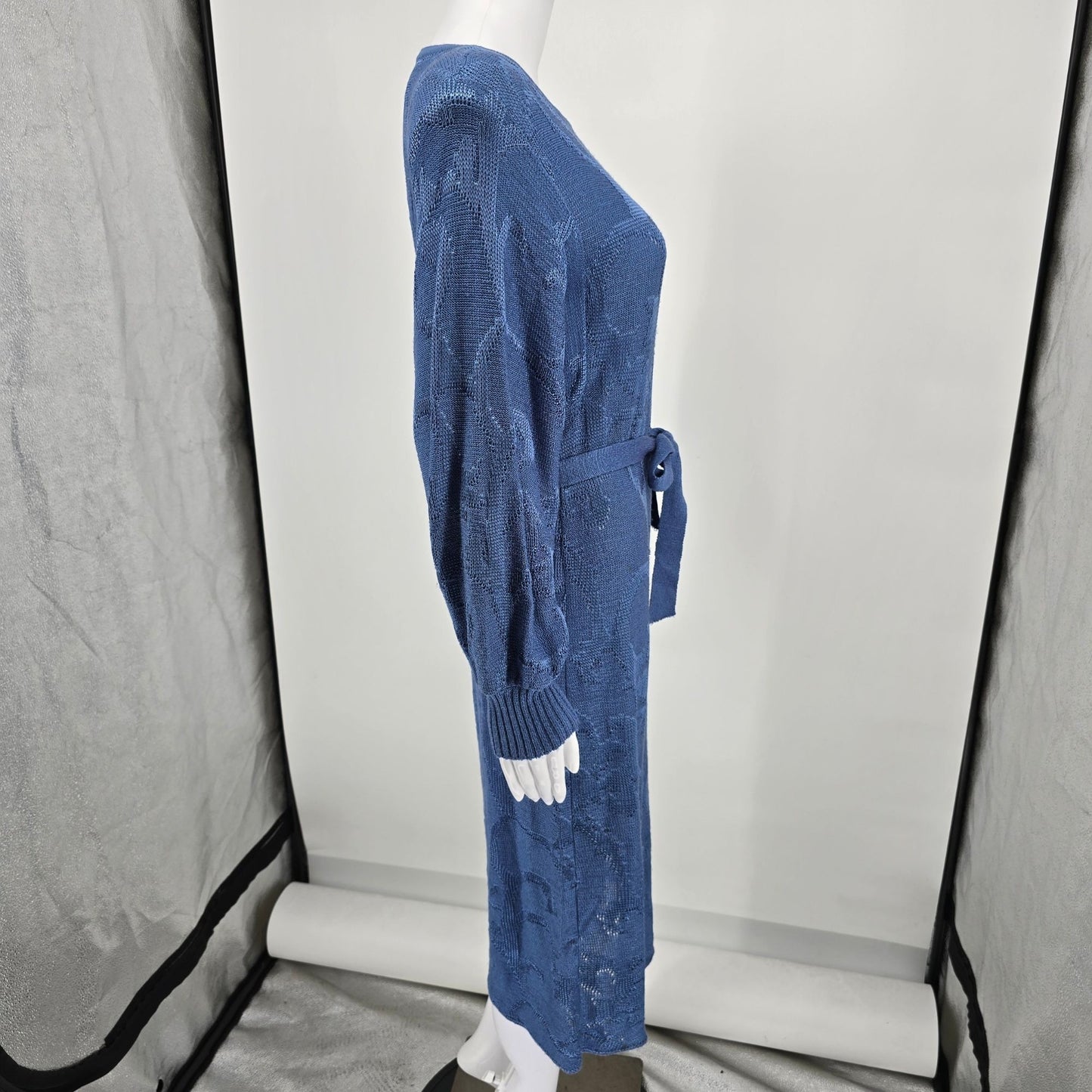 Vintage 1980s Schrader Knit Petites Blue Belted Long Sleeve Sweater Dress (M)