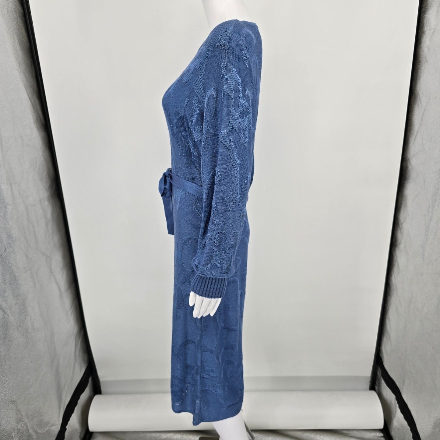 Vintage 1980s Schrader Knit Petites Blue Belted Long Sleeve Sweater Dress (M)