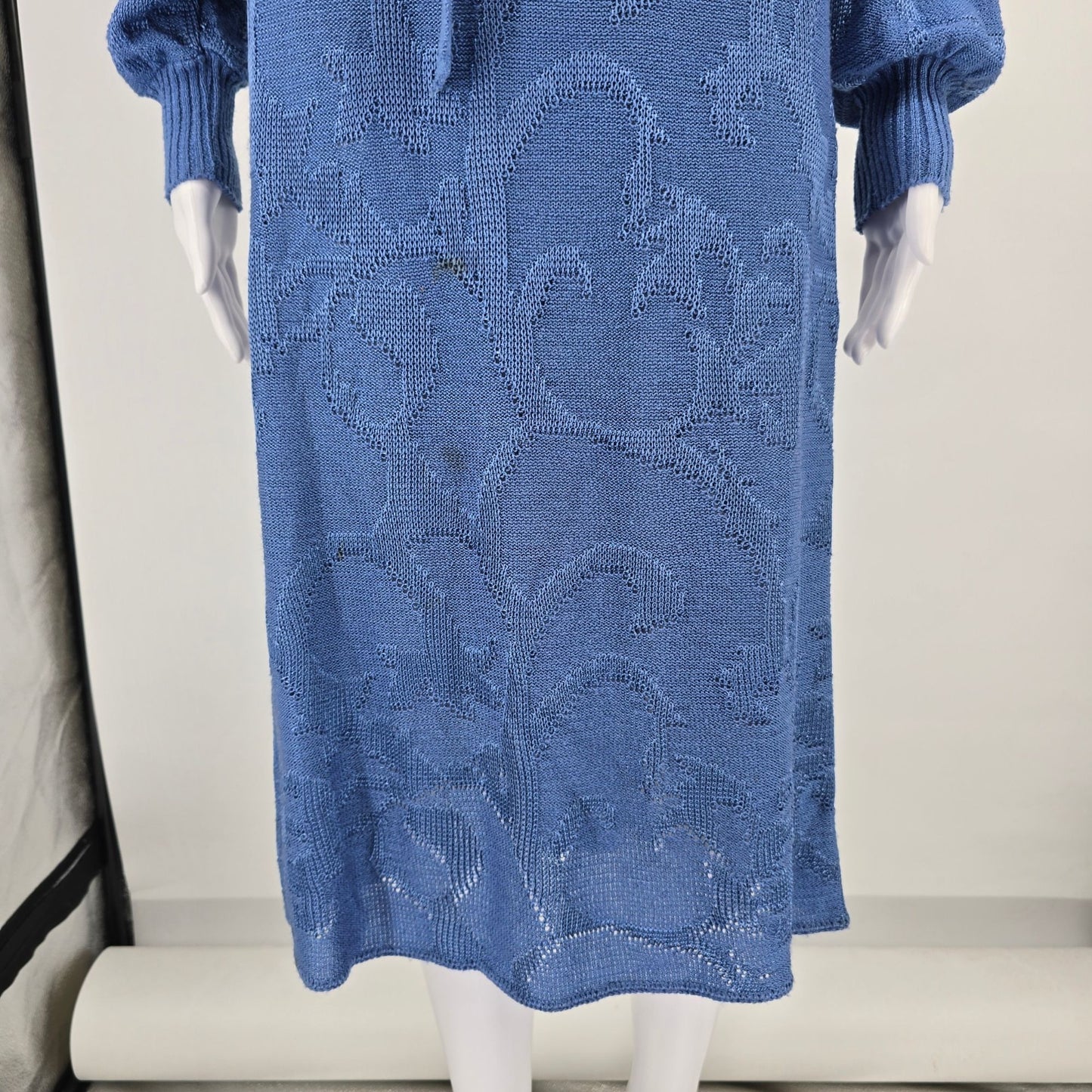 Vintage 1980s Schrader Knit Petites Blue Belted Long Sleeve Sweater Dress (M)