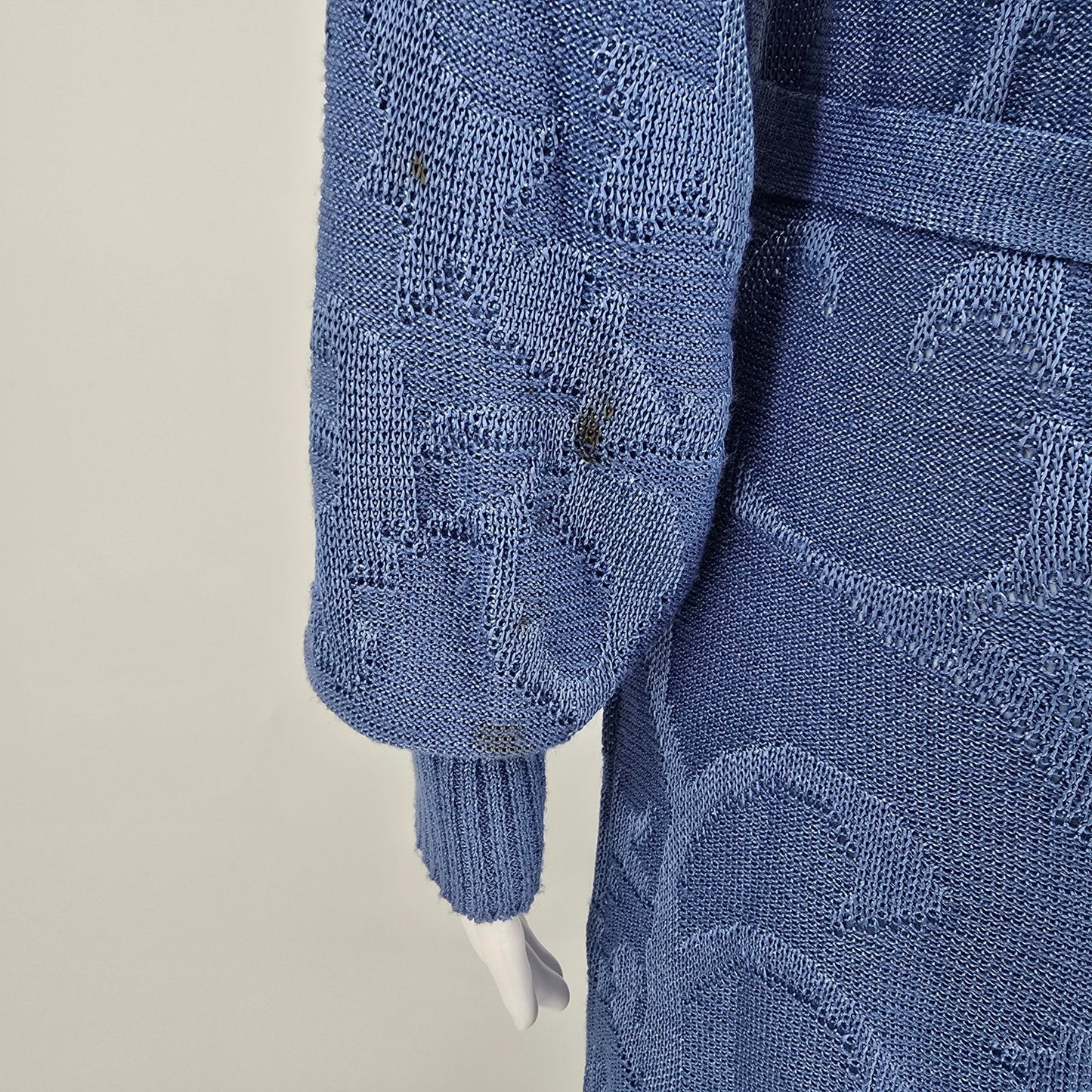 Vintage 1980s Schrader Knit Petites Blue Belted Long Sleeve Sweater Dress (M)