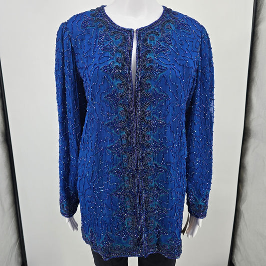 Vintage 1990s Anujan Creation Cobalt Blue Silk Beaded Evening Jacket (M)