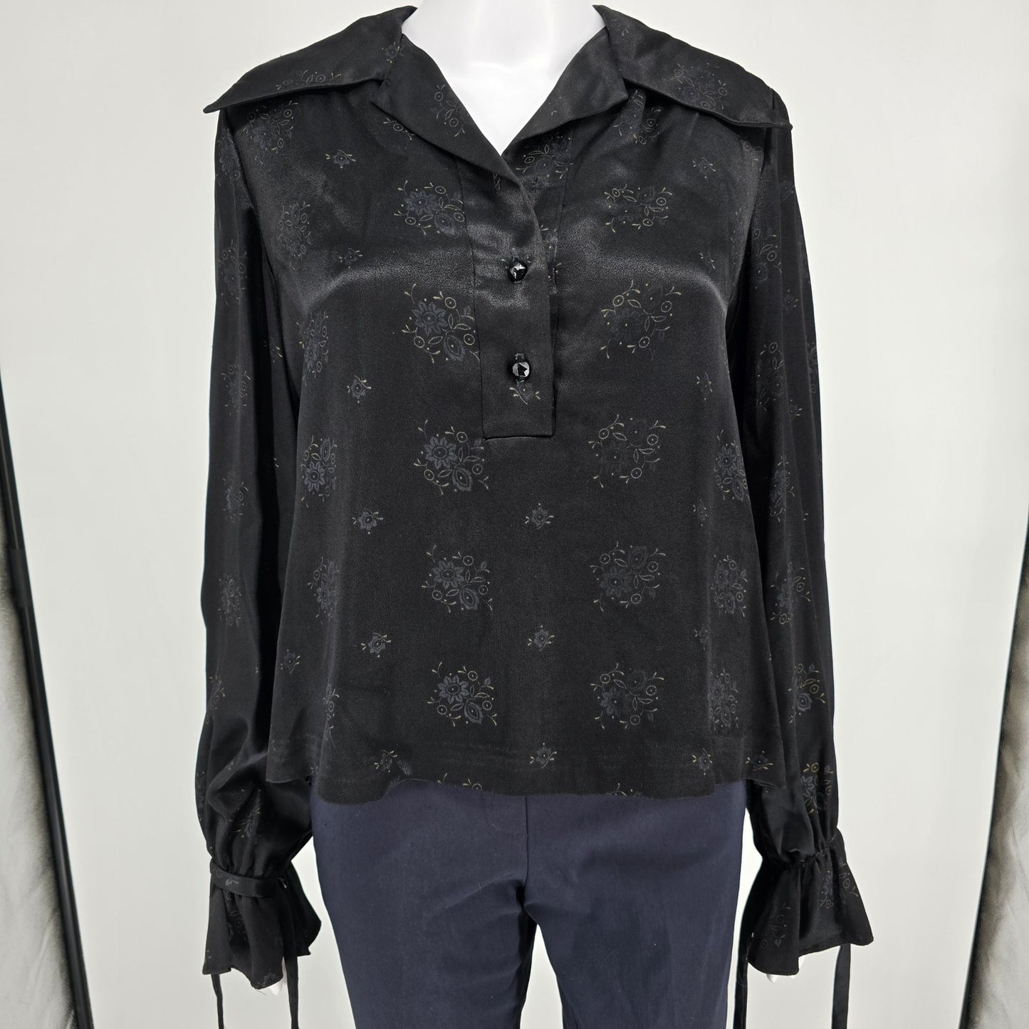 Vintage 1970s With Love from F.B. Fogg Black Floral Print Satin Blouse (L)