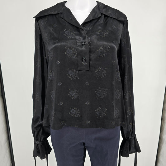 Vintage 1970s With Love from F.B. Fogg Black Floral Print Satin Blouse (L)