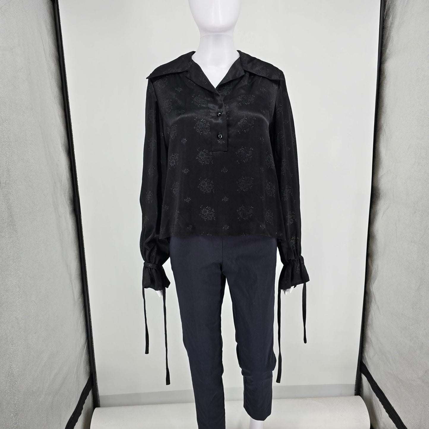 Vintage 1970s With Love from F.B. Fogg Black Floral Print Satin Blouse (L)
