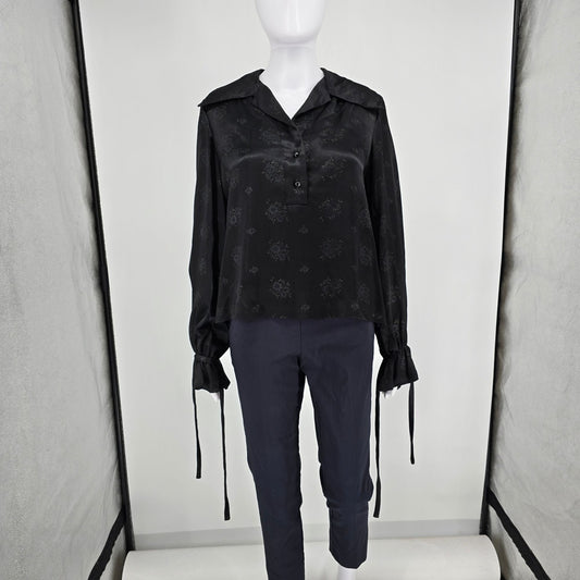 Vintage 1970s With Love from F.B. Fogg Black Floral Print Satin Blouse (L)