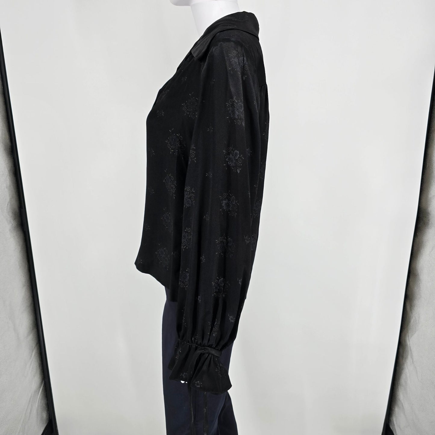 Vintage 1970s With Love from F.B. Fogg Black Floral Print Satin Blouse (L)