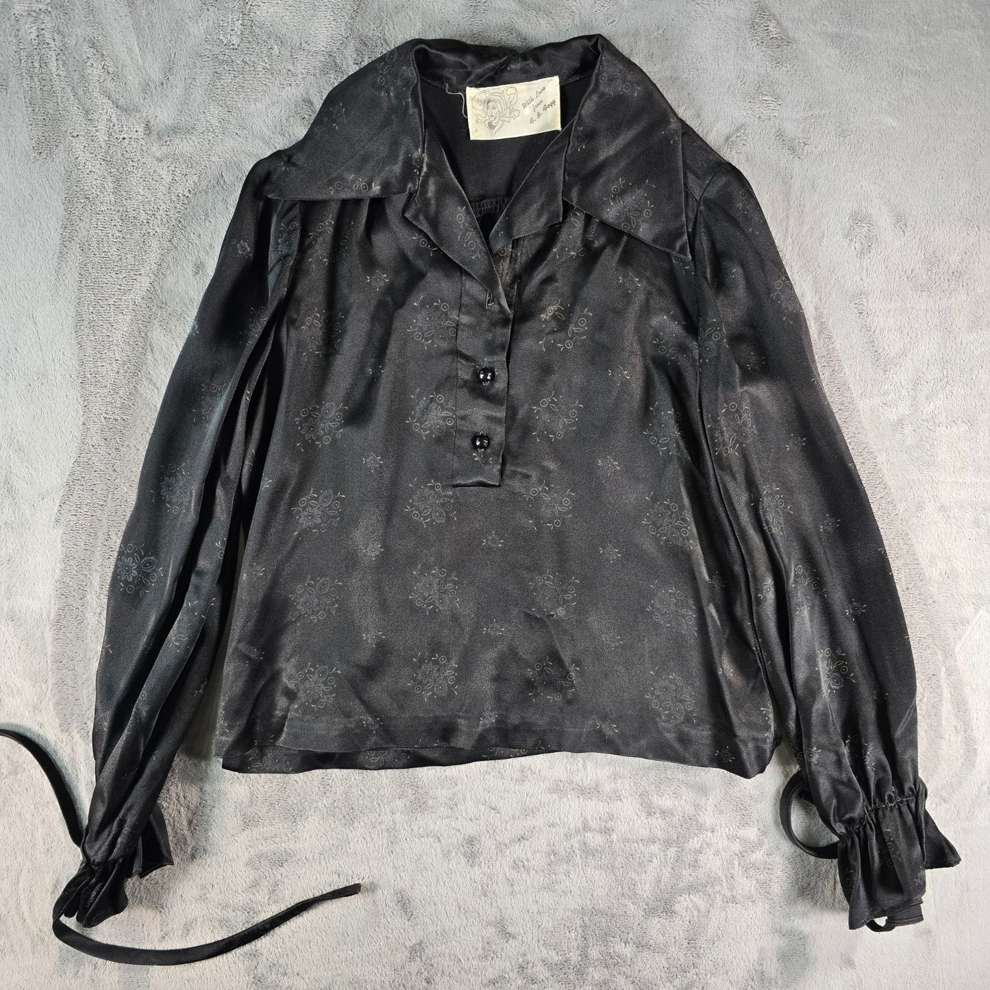 Vintage 1970s With Love from F.B. Fogg Black Floral Print Satin Blouse (L)