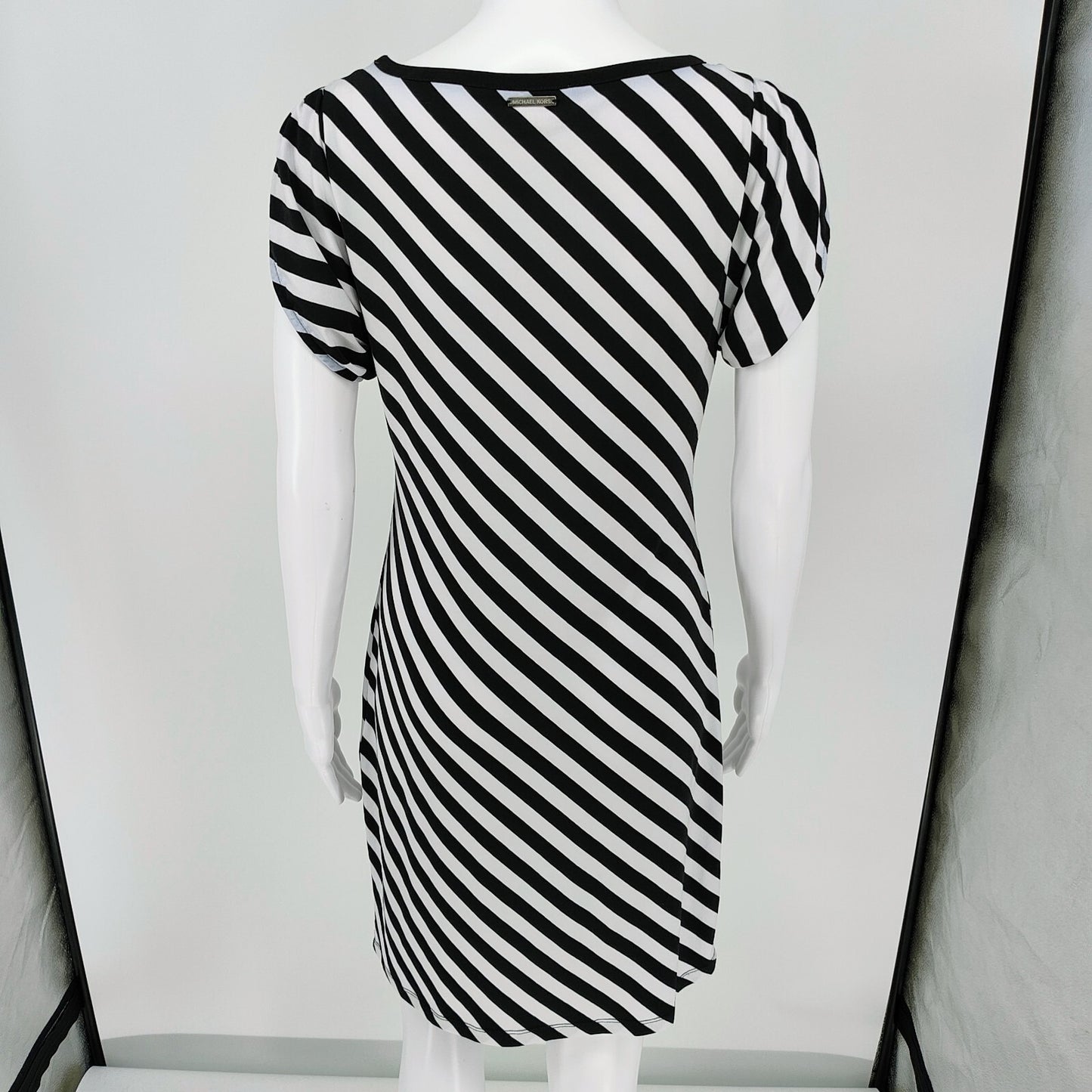 MICHAEL Michael Kors Black and White Striped Tulip-Sleeve Jersey Dress (XS)