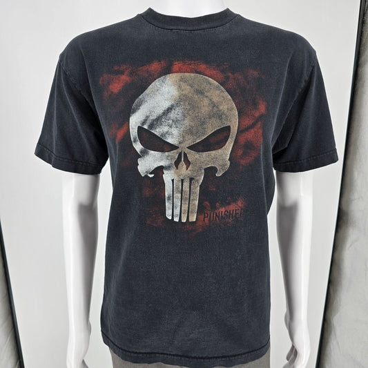Vintage Y2K 2004 Black Mad Engine Marvel Punisher Skull Graphic T-Shirt (Medium)