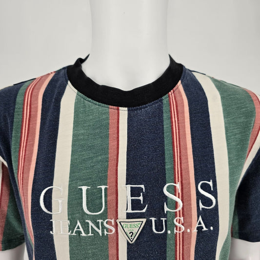 Guess Jeans U.S.A. Embroidered Logo Faded Multicolor Striped T-Shirt (M)