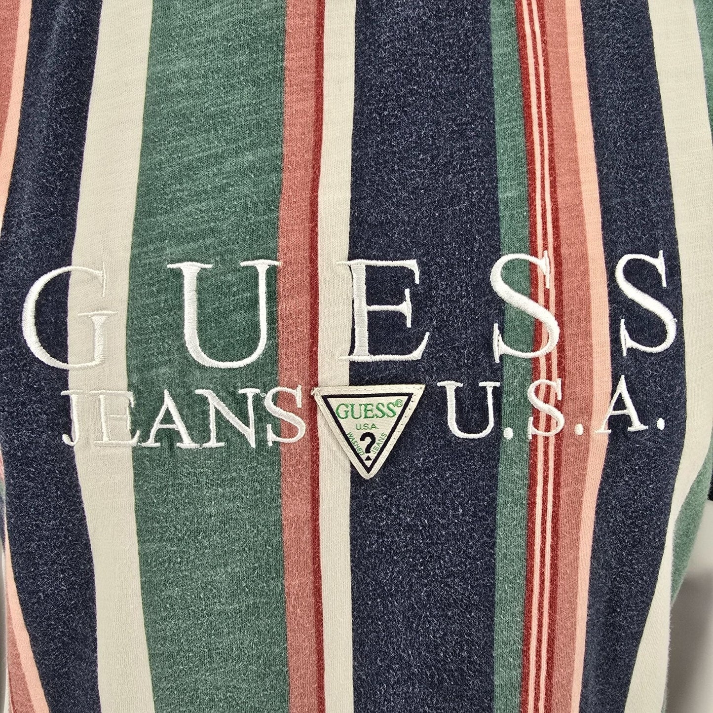 Guess Jeans U.S.A. Embroidered Logo Faded Multicolor Striped T-Shirt (M)