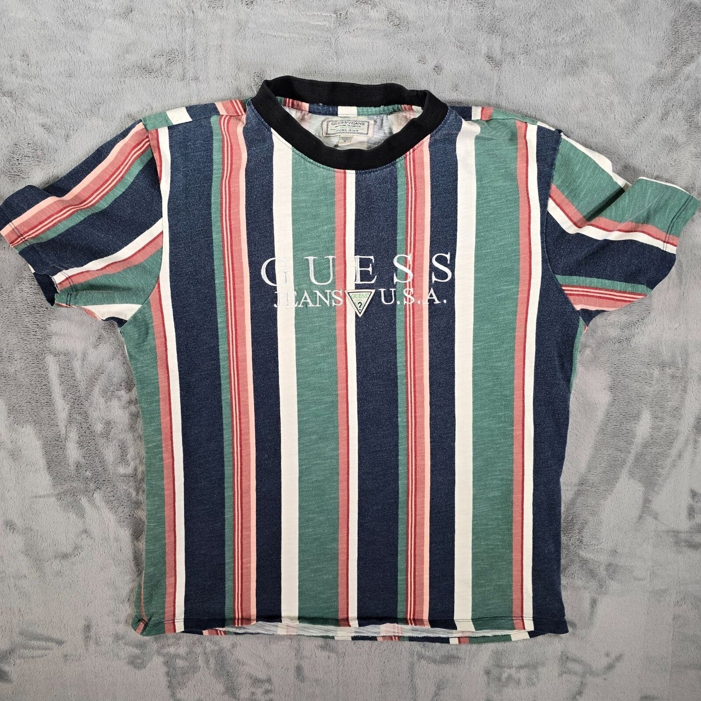 Guess Jeans U.S.A. Embroidered Logo Faded Multicolor Striped T-Shirt (M)
