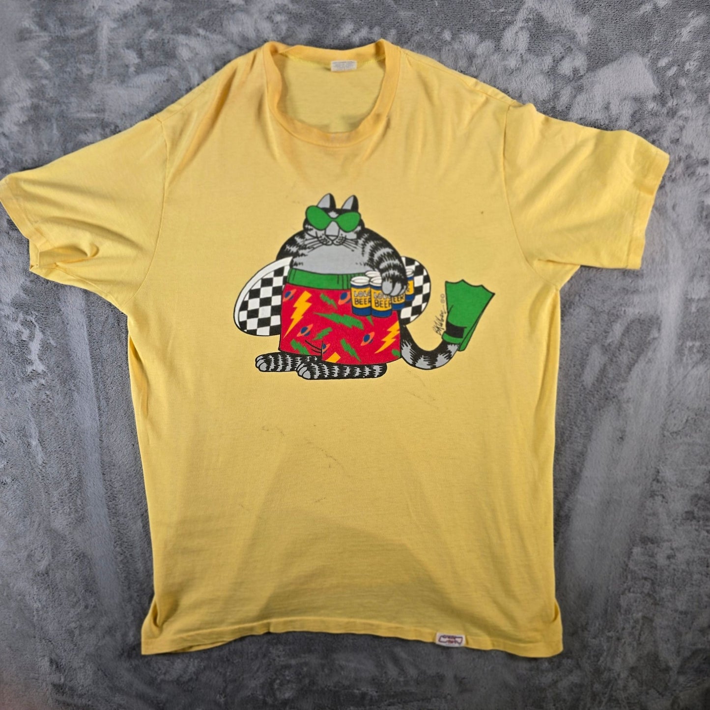 Vintage 1980s Crazy Shirts Hawaii B. Kliban Lolo Beer Surfer Cat T-Shirt (XL)