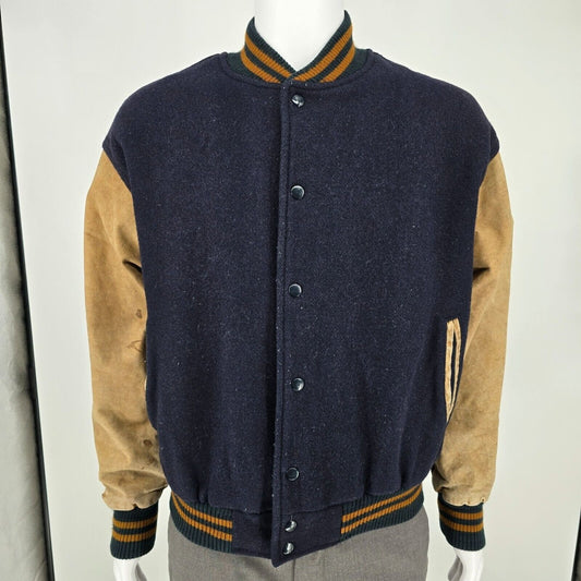 Vintage 80s/90s Pierre Cardin Mens Wool and Leather Blue Varsity Jacket (Large)