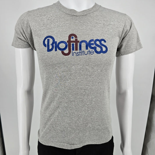 Vintage 1980s Screen Stars Biofitness Institute Manhattan Gray Gym T-Shirt (XS)