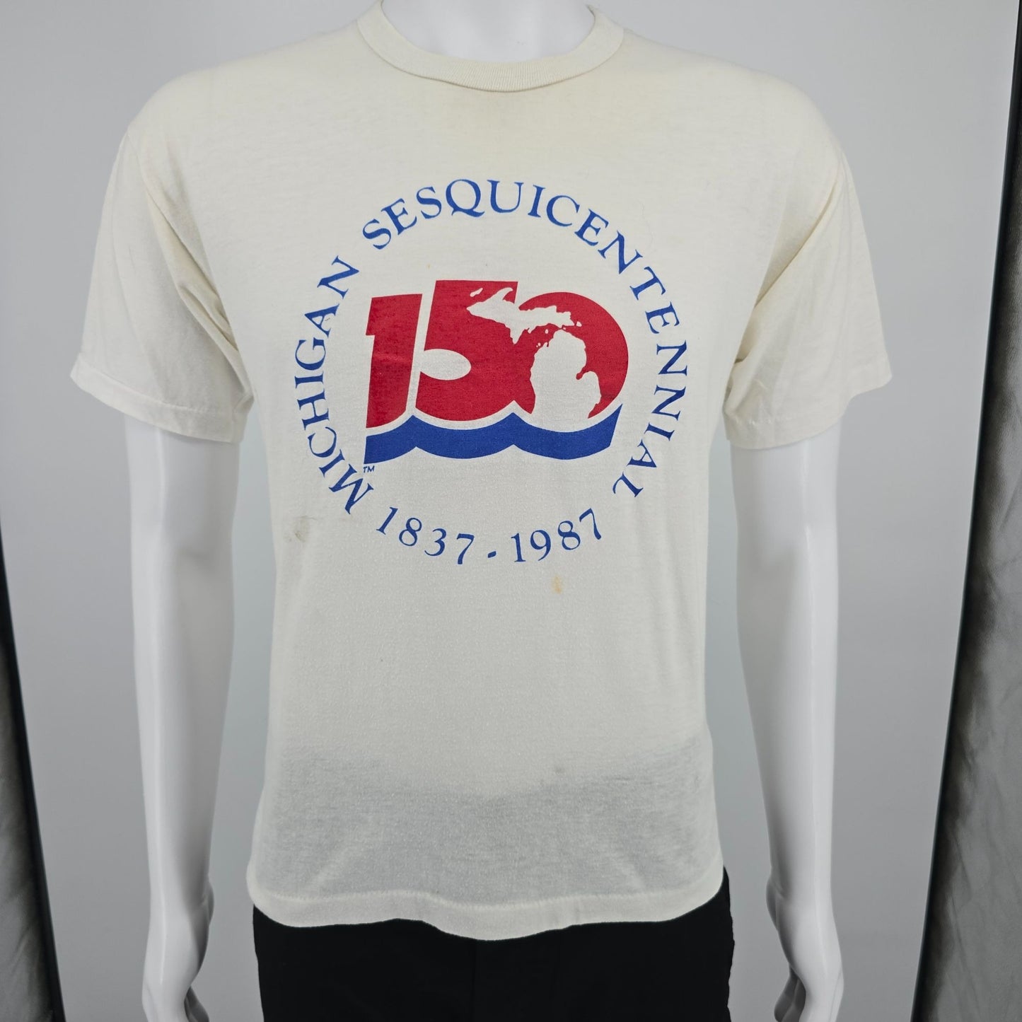 Distressed Vintage 1987 D.G. Sportswear Michigan Sesquicentennial T-Shirt (M)