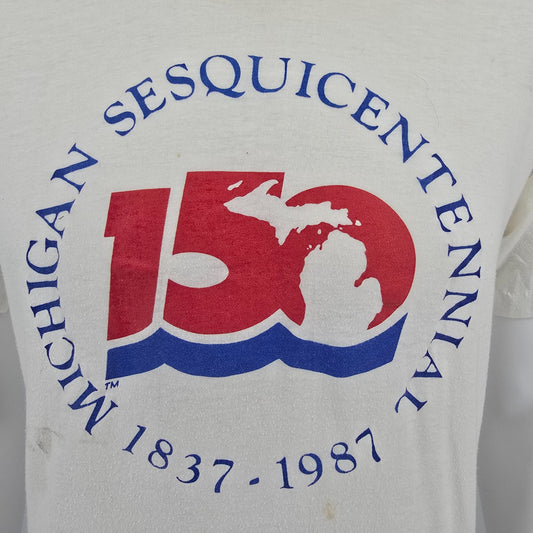 Distressed Vintage 1987 D.G. Sportswear Michigan Sesquicentennial T-Shirt (M)