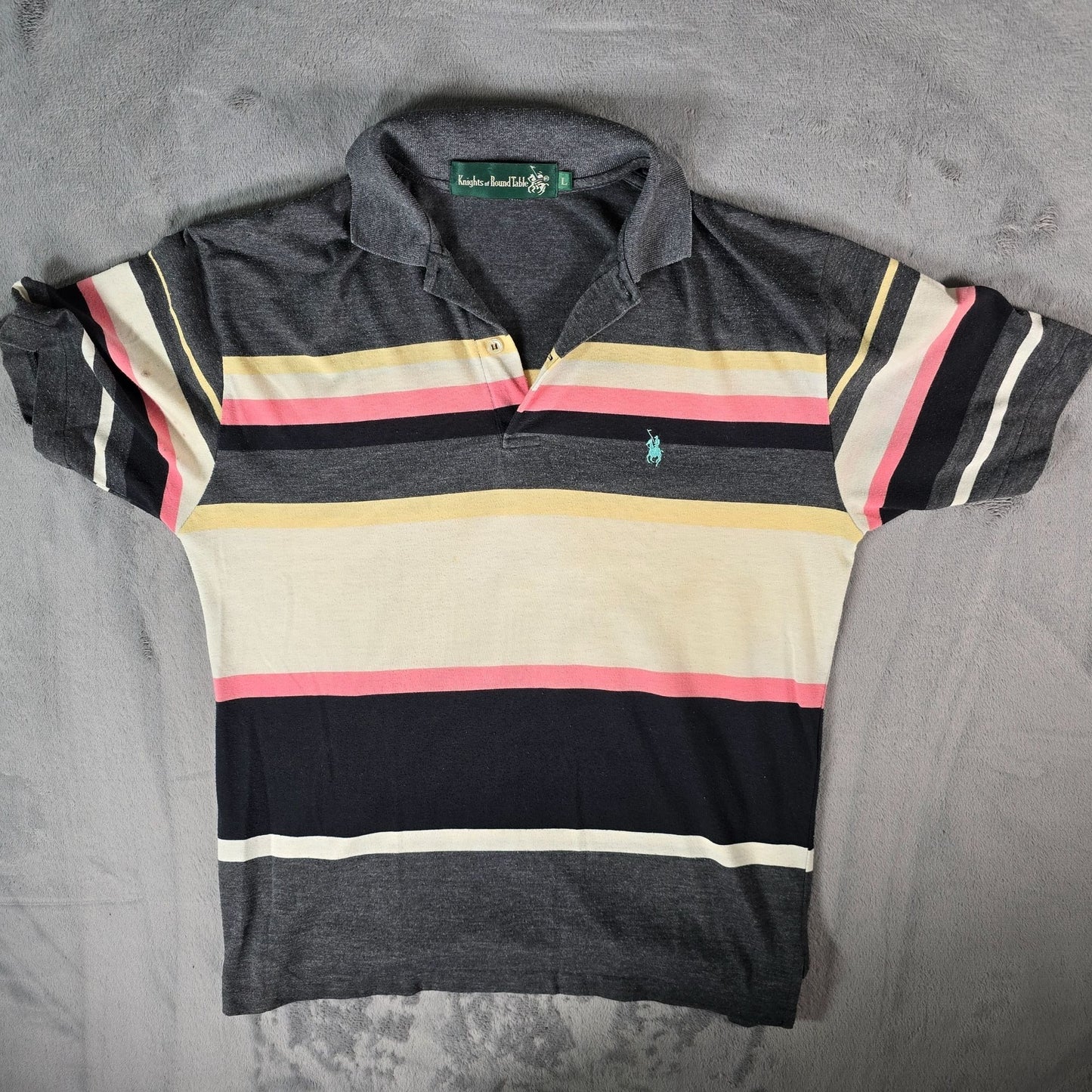 Vintage 1990s Knights of the Round Table Striped Rayon Blend Polo Shirt