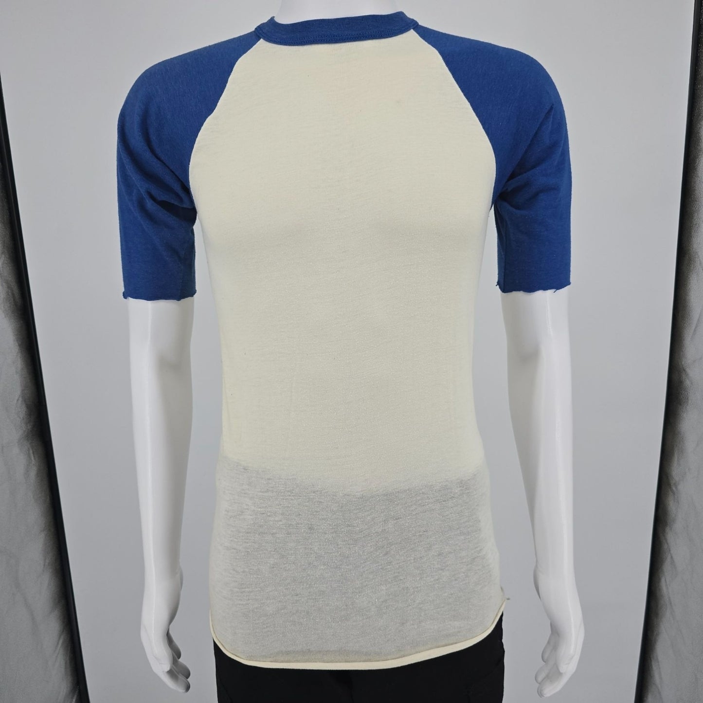 Distressed Vintage 1980s Sneakers Ivory/Blue Blank Raglan Sleeve Baseball Tee -S