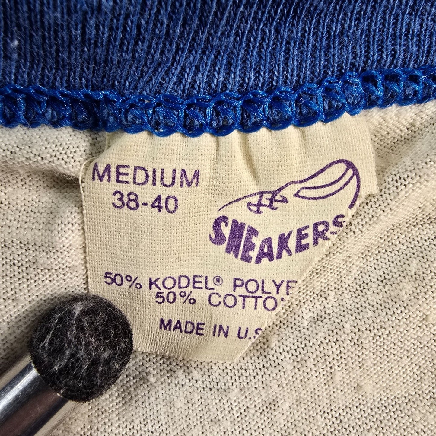 Distressed Vintage 1980s Sneakers Ivory/Blue Blank Raglan Sleeve Baseball Tee -S