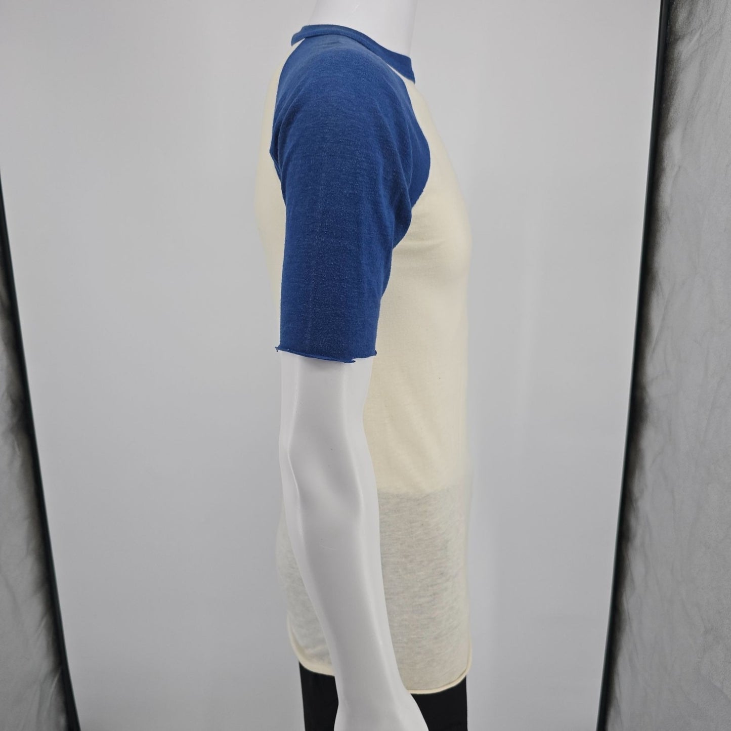 Distressed Vintage 1980s Sneakers Ivory/Blue Blank Raglan Sleeve Baseball Tee -S