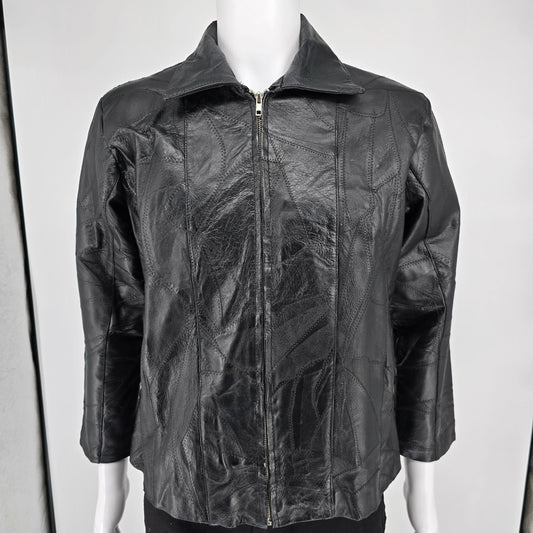 Vintage 1990s Unbranded Black Cropped Fit Zip-Up Patchwork Leather Jacket (S)