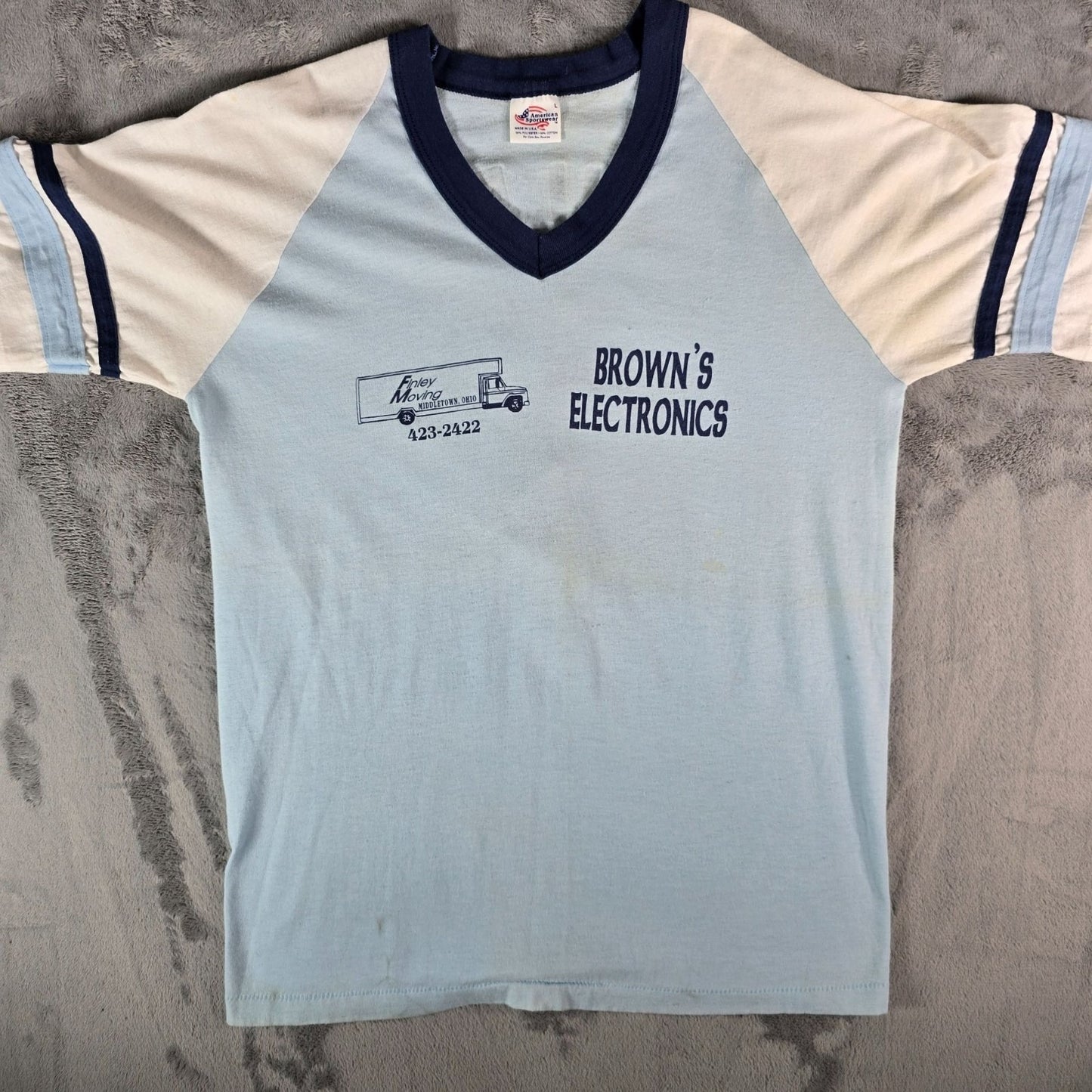 Vintage 1980s Browns Electronics/ Finley Moving Middleton, OH Jersey T-Shirt (M)