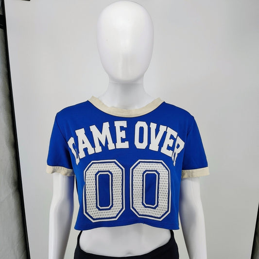 JC Fits "Game Over 00" Blue & White Crop Top Mesh Football Jersey (XL) *Flawed