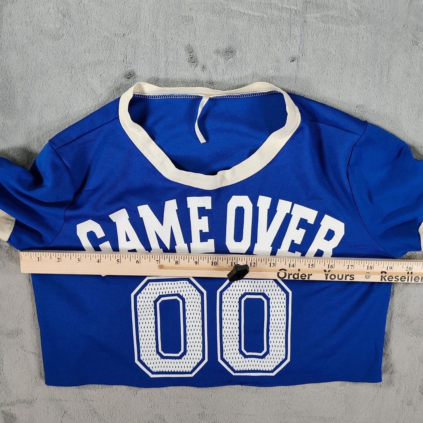 JC Fits "Game Over 00" Blue & White Crop Top Mesh Football Jersey (XL) *Flawed