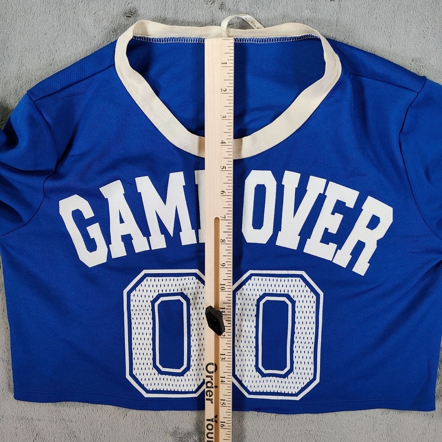 JC Fits "Game Over 00" Blue & White Crop Top Mesh Football Jersey (XL) *Flawed