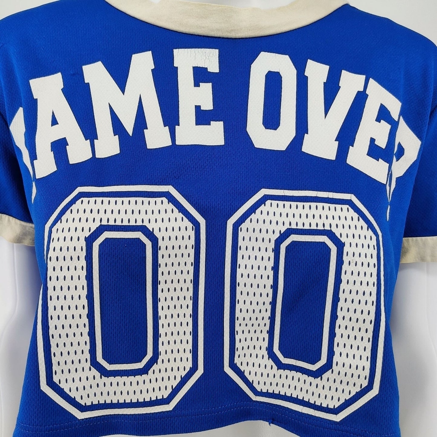 JC Fits "Game Over 00" Blue & White Crop Top Mesh Football Jersey (XL) *Flawed