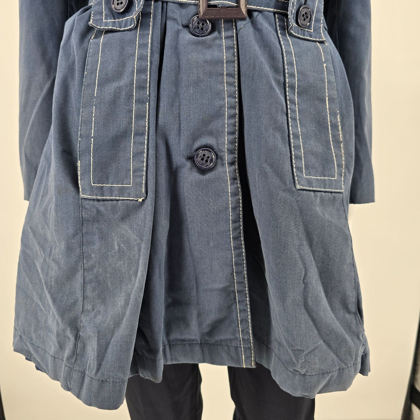 Vintage 1970s Misty Valley Women's Blue Contrast Stitch Belted Car Coat (M/L)