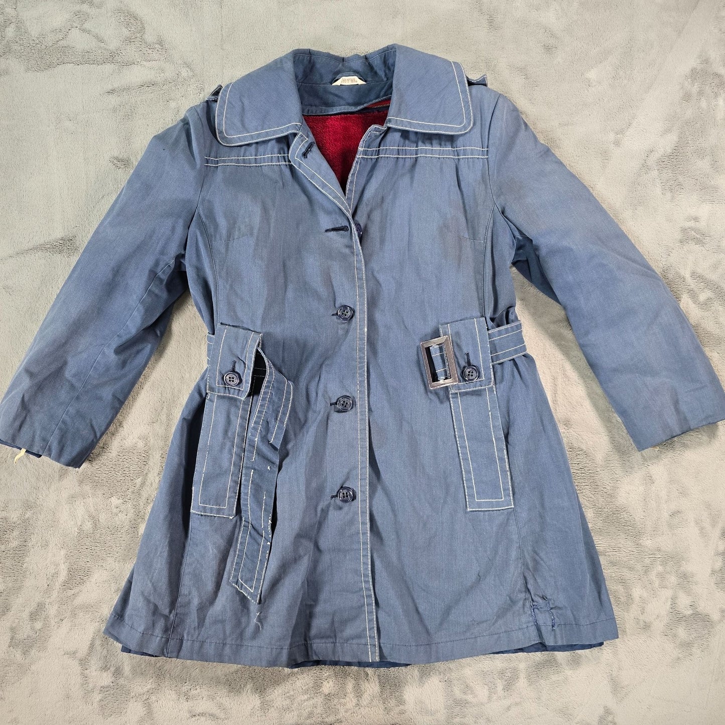 Vintage 1970s Misty Valley Women's Blue Contrast Stitch Belted Car Coat (M/L)