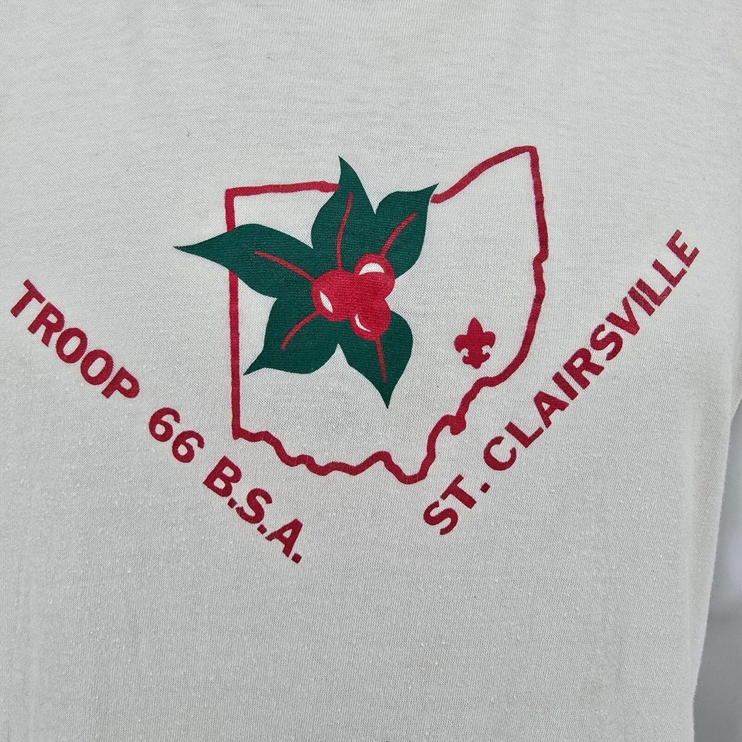 Vintage 1980s Troop 66 B.S.A. St. Clairsville Ohio Ringer Tee White T-Shirt (L)