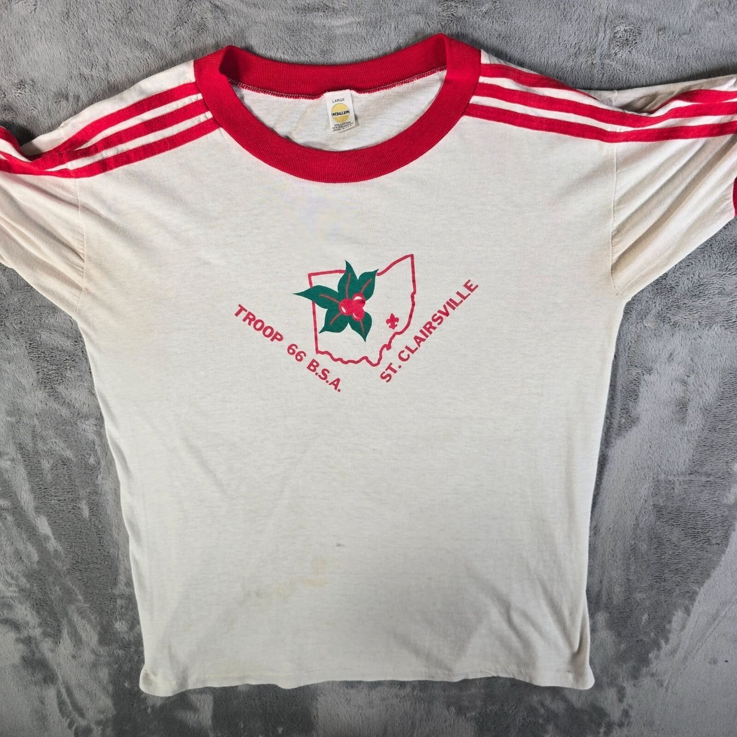 Vintage 1980s Troop 66 B.S.A. St. Clairsville Ohio Ringer Tee White T-Shirt (L)