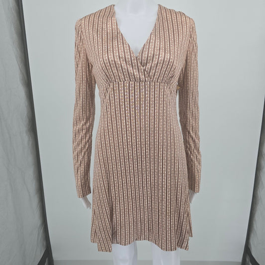 Vintage 1960s Mauve Floral Ribbon Stripe Long Sleeve Empire Mini Dress (M)
