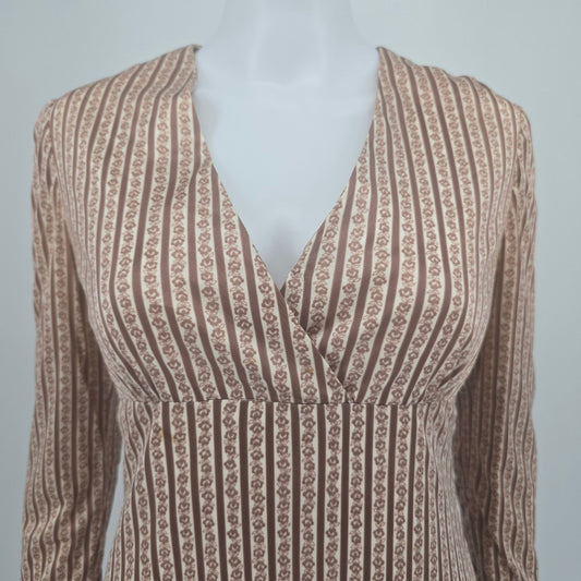 Vintage 1960s Mauve Floral Ribbon Stripe Long Sleeve Empire Mini Dress (M)