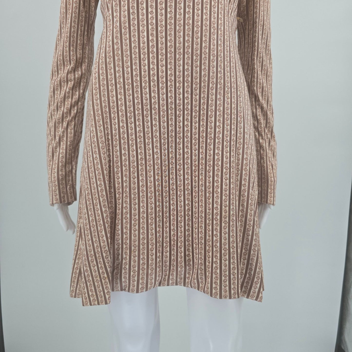 Vintage 1960s Mauve Floral Ribbon Stripe Long Sleeve Empire Mini Dress (M)