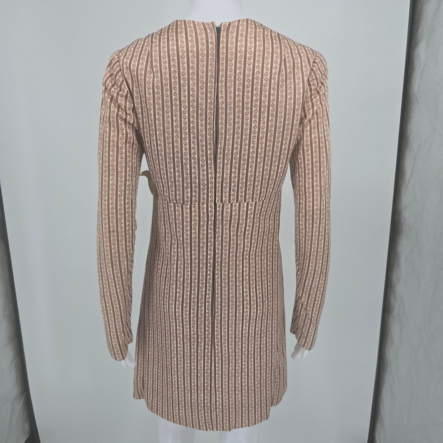 Vintage 1960s Mauve Floral Ribbon Stripe Long Sleeve Empire Mini Dress (M)