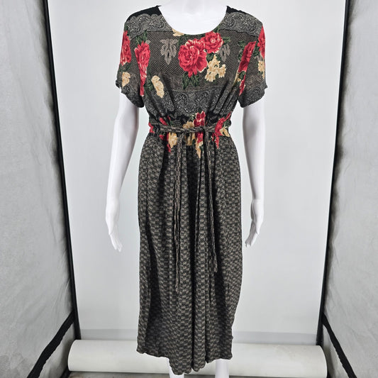 Vintage 1990s Just in Thyme Rayon Black Floral/Lace Print Prairie Dress (8/M)