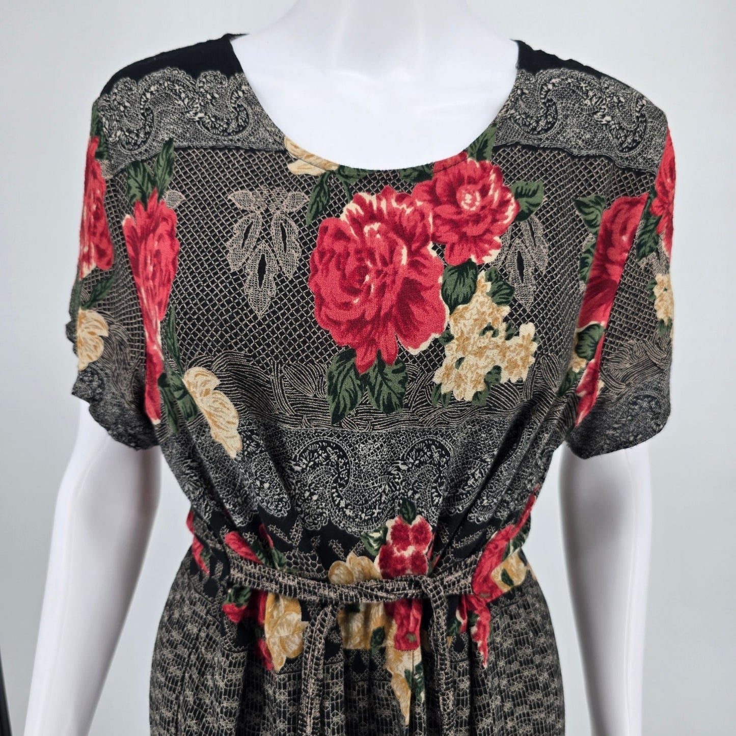 Vintage 1990s Just in Thyme Rayon Black Floral/Lace Print Prairie Dress (8/M)