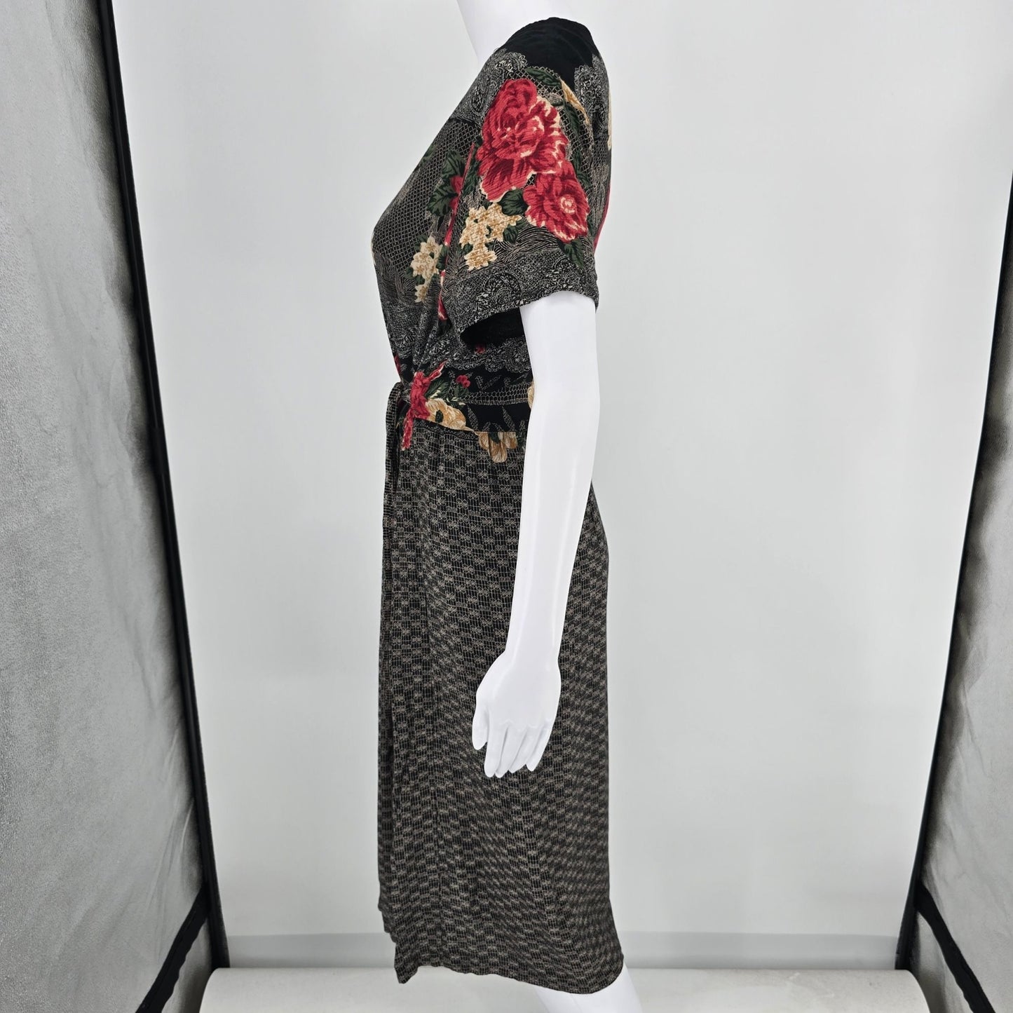 Vintage 1990s Just in Thyme Rayon Black Floral/Lace Print Prairie Dress (8/M)