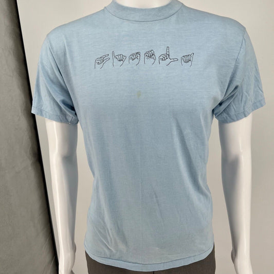 Vintage 1980s Hanes Light Blue Cotton/Poly ASL "Gisela" T-Shirt (Large)