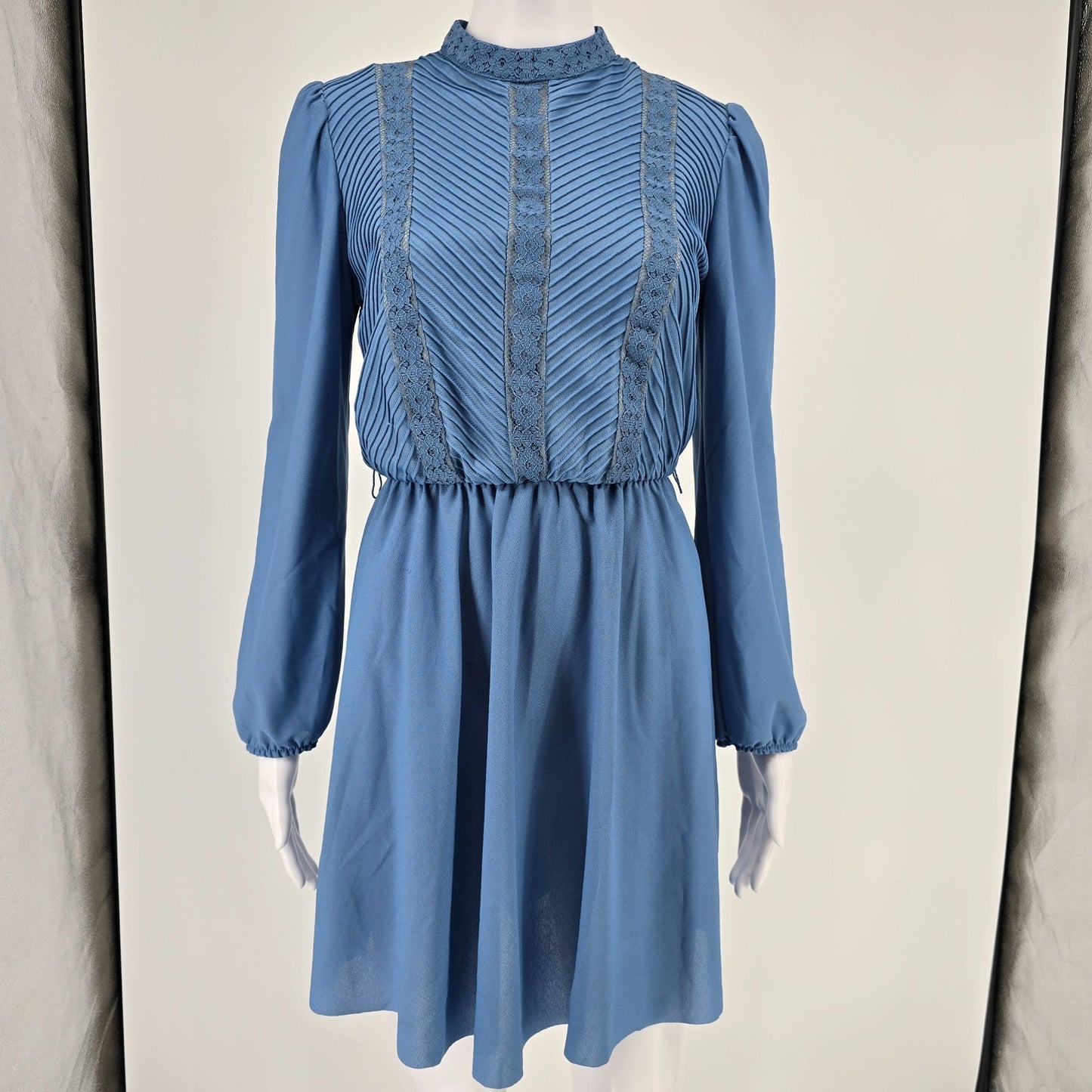Vintage 1980s JCPenney Blue Pleated High Neck Prairie Revival Mini Dress (S)
