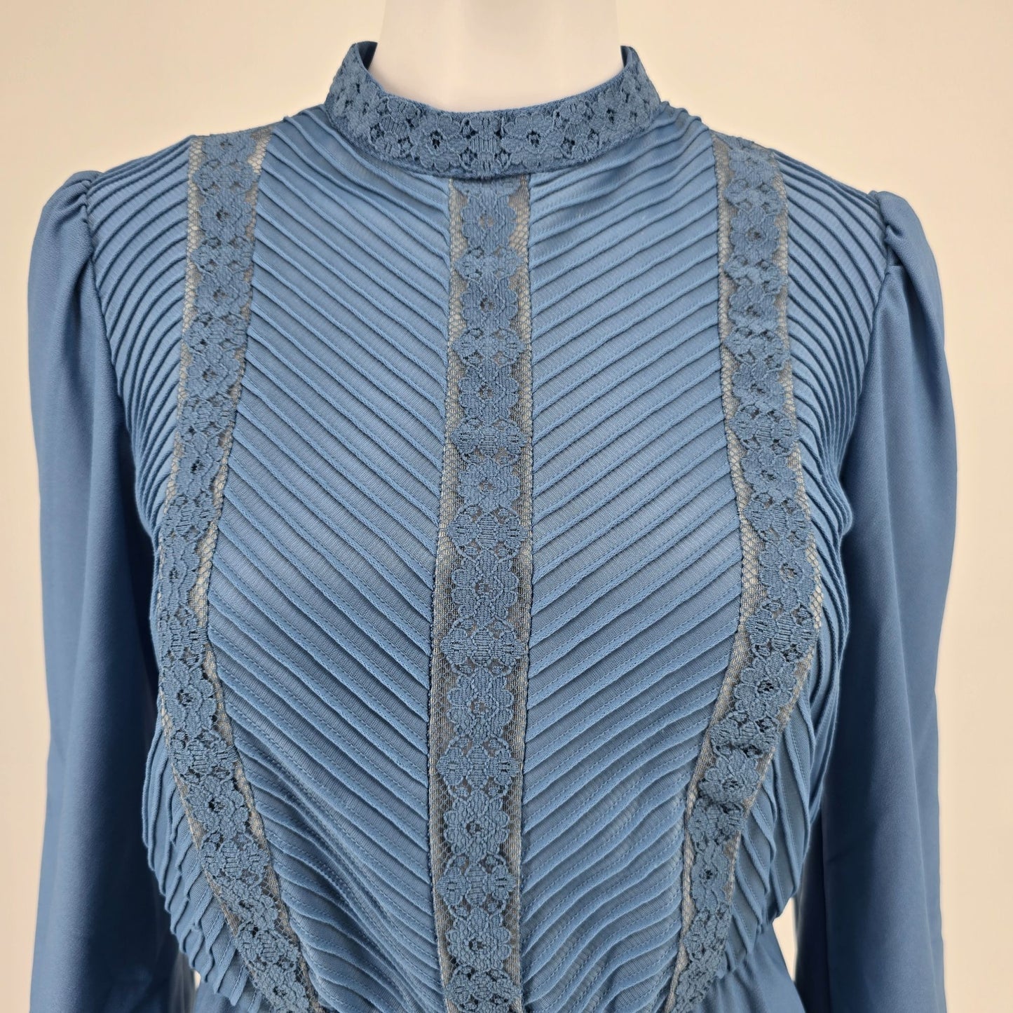 Vintage 1980s JCPenney Blue Pleated High Neck Prairie Revival Mini Dress (S)